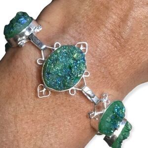 Aura Green Geode Druzy Stone Sterling Silver Links Bracelet NEW